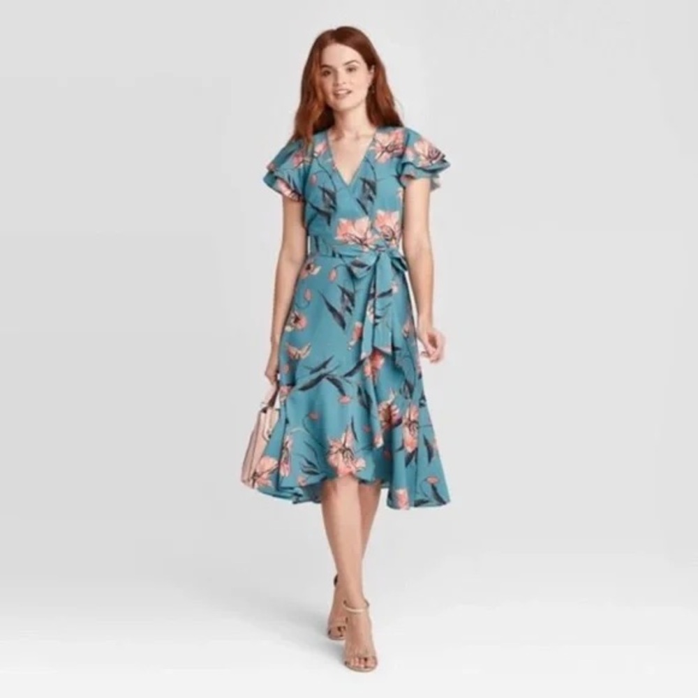 Teal Floral Midi Dress with ruffles wedding guest